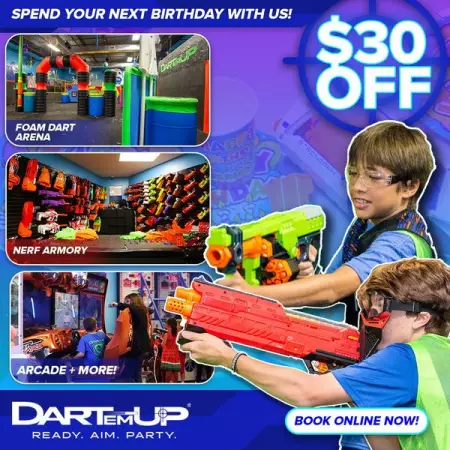Claim  30 OFF  your next birthday party at Dart em Up! But HURRY, offer expire