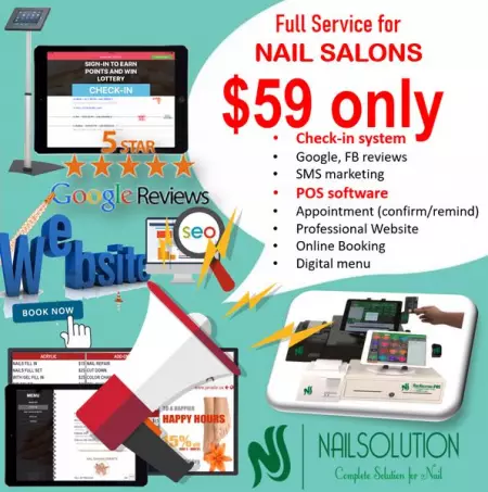 Full service for NAIL SALON includes CHECKIN, POS, WEBSITE, DIGITAL MENU