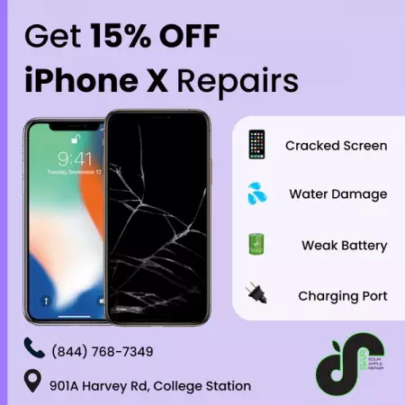 15 OFF any iPhone X repair with appointment 

Come get your iPhone fixed at College Station